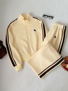 Comfortcana Women's Streetwear Embroidered Zip-Up Jacket & Striped Colorblock Pants 2pcs Set - Light Yellow - View 7