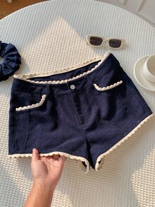 Comfortcana 冬季返校 Coquette 風格校園短褲 高腰蕾絲飾邊燈芯絨拼接海軍藍 - 藏蓝色 - 查看 1