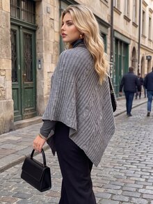 Vionelle Plus Size Women's Vintage Elegant Twisted Rope Textured Knit Shawl, Suitable For Fall/ Daily And Holiday Wear Office Grey - Light Grey - View 4