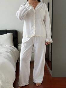 Dazy Plus 2pcs Lace Patchwork Casual Minimalist Long Pants Home Wear Spring Autumn Pajama Set - White - View 4