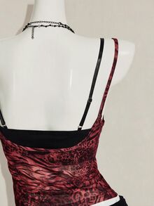 SHEIN ICON 女款豹紋透視細肩帶背心與黑色蕾絲細肩帶內衣兩件套 - 紅色和黑色 - 查看 5