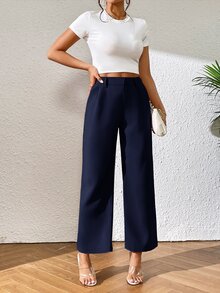 SHEIN PETITE 女款素色休閒百搭日常穿著長褲 - 藏蓝色 - 查看 5