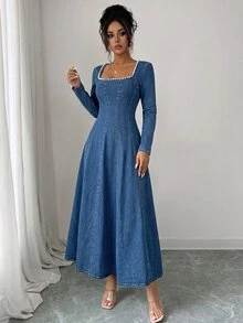 GlowEve Women's Faux Pearl Decor Cinched Waist Long Sleeve Denim Dress - Blue - View 4