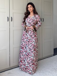Yasmyna Gaun Arab Wanita Motif Bunga Kasual untuk Pesta - MultiWarna - View 6