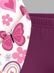 1set Young Girl 2 Pieces Outfit, All-Over Print Butterfly, Flower, Heart, Rainbow Pattern Hooded Sweatshirt Paired With Purple Elastic Leggings With Heart Pattern, Cute Children's Clothing For Spring And Autumn - Multicolor - View 4