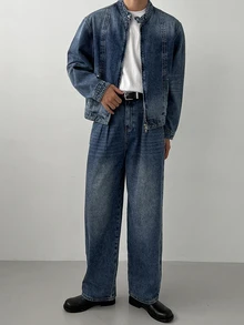 DAZY Spring/Autumn Men's Henley Collar Jacket Style Small Stand Collar Button-Up Blue Washed Distressed Denim Outerwear - Blue - View 5