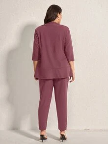 Comfylo Plus Size Women Solid Color 3/4 Sleeve Blazer And Pants 2 Pieces Office Suit, Business Casual Woman - Dusty Purple - View 2