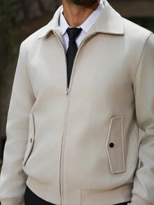 Manfinity Homme 男士 2026 春夏卡其色領口拉鍊哈靈頓夾克，透氣棉質面料修身版型 - 杏色 - 查看 5