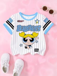THE POWERPUFF GIRLS X SHEIN 少女款對比滾邊卡通滿版印花落肩休閒時尚短袖T恤 - 白色 - 查看 1