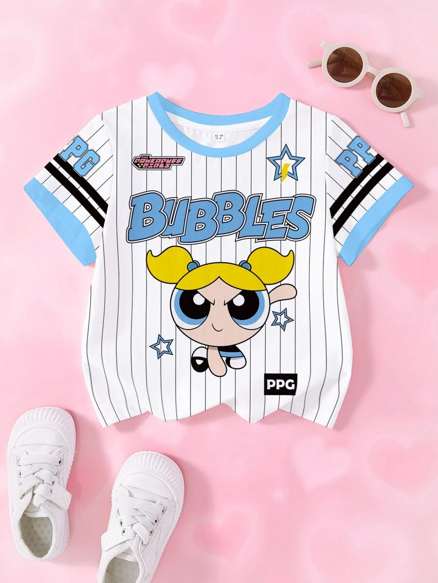 THE POWERPUFF GIRLS X SHEIN 少女款對比滾邊卡通滿版印花落肩休閒時尚短袖T恤 - 白色 - 查看 1