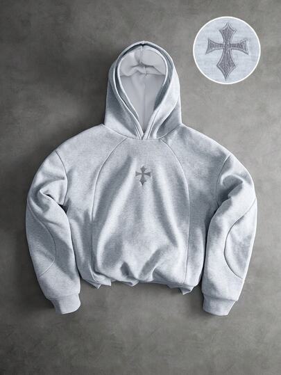 SHEIN Teen Boy Teen Boys Street Cross Embroidery Grey Double Layer Hooded Sweatshirt, Suitable For Autumn/Winter Season, School, Family Gathering, Back To School, Sports, Play, Birthday Party, Photography, Vacation, Festival