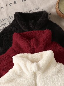 SHEIN 女童 3 件組 純色立領半拉鍊抓絨短版連帽衫套裝，雙面抓絨，秋冬款 - 彩色 - 查看 3