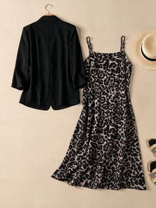 Rusticease Women's Leopard Print Cami Dress & Solid Color Blazer Fashion 2 Pieces Set - Black - View 2