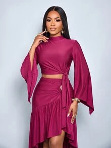 SOLERSUN Women's Mock Neck Wrap Tie Flare Sleeve Top & High Waist Ruched Asymmetrical Slit Mermaid Maxi Skirt Two Pieces Set - Burgundy - View 6