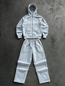 Manfinity Roghcode Men's Plus Size Hooded Zip-Up Sweatshirt Sweatshirt And Pants Set - Grey - View 3