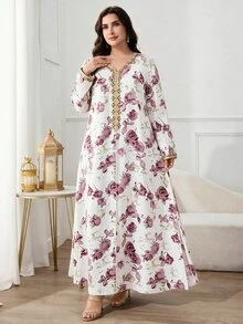 Al Najma Gaun Arab Motif Bunga Penuh untuk Wanita Ukuran Besar - MultiWarna - View 6