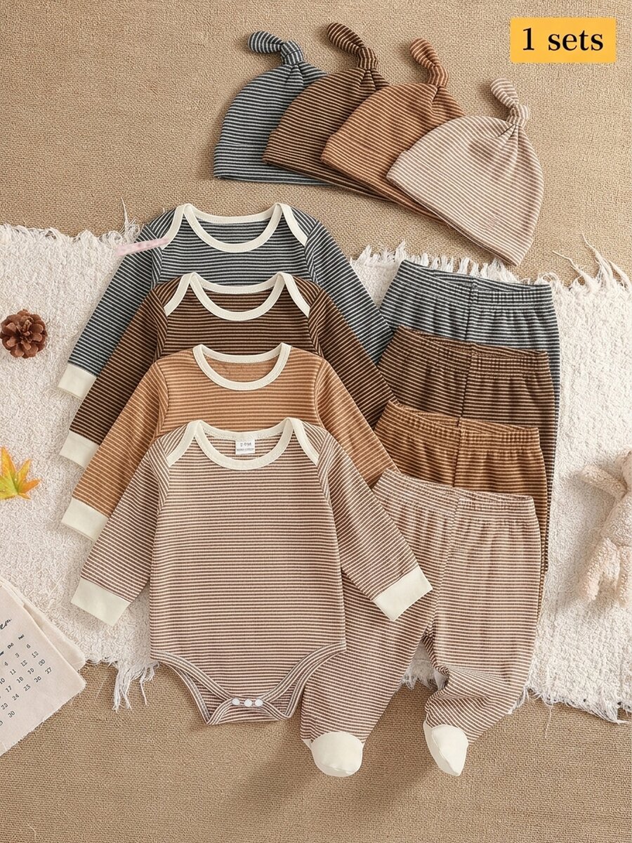 SHEIN 1套新生兒嬰兒連身衣與帽子組合套裝，趣味卡通圖案設計，深受孩子喜愛，舒適柔軟親膚面料，適合兒童居家穿著 - 卡其色 - 查看 1