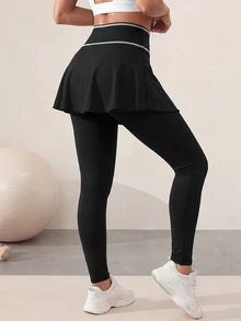 Easithlete Easithlete Women's Black Solid Color Sports Athletic Low Rise Leggings 2 In 1 Contrast Color Gym Pilates Running Autumn Gym Workout Outfits - Black - View 2