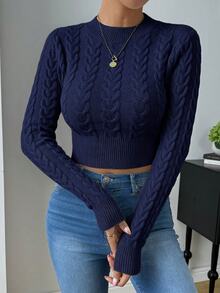 SHEIN Raffinéa 女款時尚長袖麻花編織毛衣街頭風百搭 - 藏蓝色 - 查看 6
