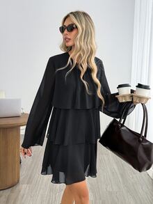 Easowa Round Neck Multi-Layer Ruffle A-Line Chiffon Sheer Flowy Long Sleeve French Elegant French Autumn/Winter Women's Short Dress Brunch Tea Party Black - Black - View 6