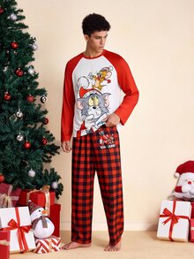 TOM & JERRY X SHEIN Men's Cartoon Print Long Sleeve Top And Plaid Pants Loungewear Set - Red and White - View 4