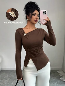 Elenzga 女款素色金屬飾件修身百搭日常休閒T恤 - 咖啡棕 - 查看 5
