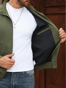 Manfinity Homme 男士純色翻領長袖前拉鍊夾克 - 軍綠色 - 查看 6