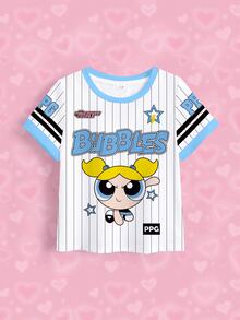 THE POWERPUFF GIRLS X SHEIN 少女款對比滾邊卡通滿版印花落肩休閒時尚短袖T恤 - 白色 - 查看 4