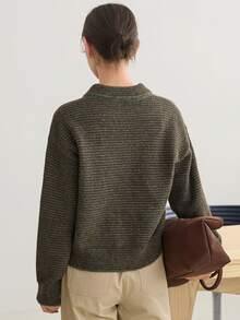 Dazy-Less Women's Long Sleeve Striped Drop Shoulder Sweater, Autumn/Winter - Dark Green - View 2