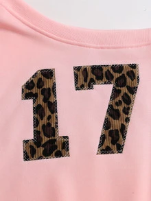 Sweetra Women's Pink Leopard Print Long Sleeve Sweet Digit Patchwork Asymmetric Shoulder Casual Streetwear Athletic Sweatshirt School Everyday Fall - Pink - View 3