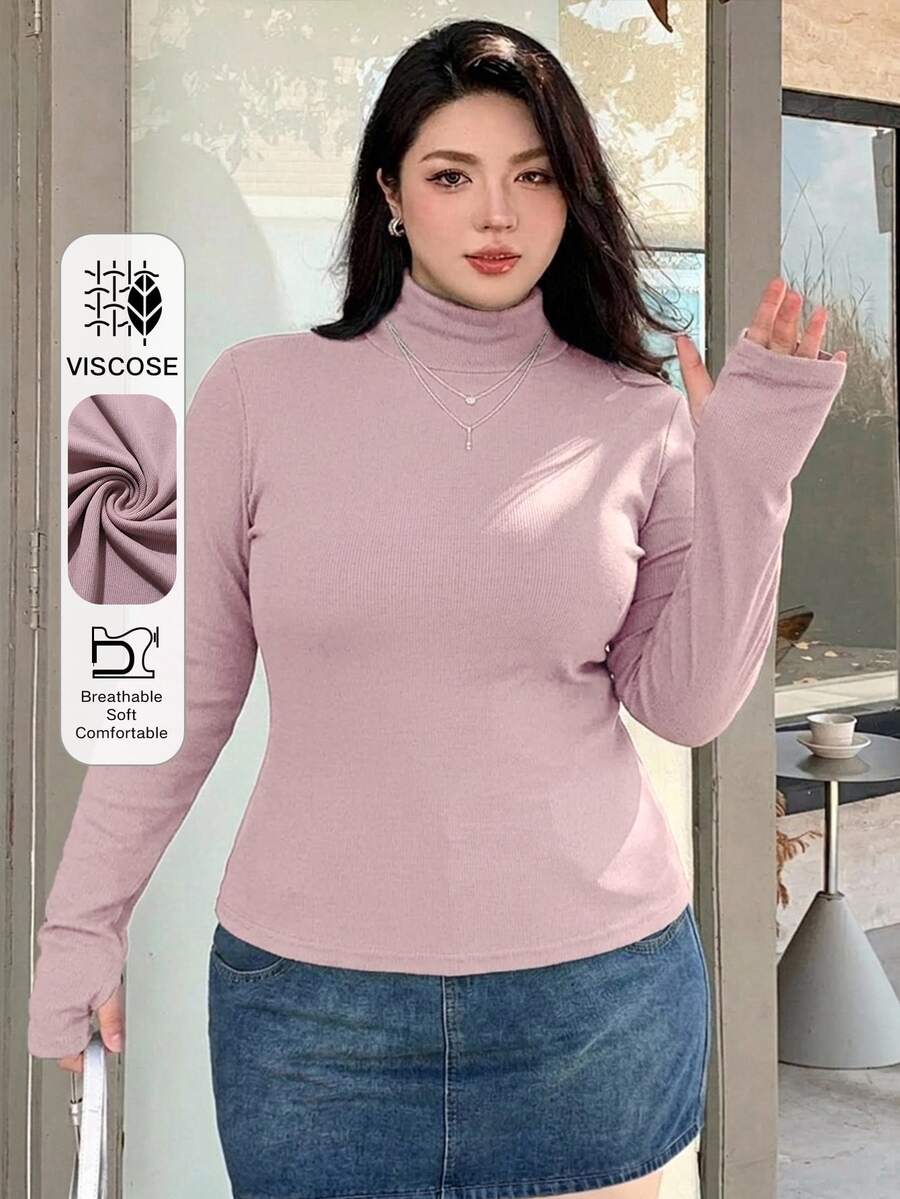 Dazy Plus 修身純色高領打底 T-shirt 春夏秋款 - 紫色 - 查看 1