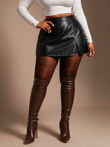 Radiana Casual Black PU Plus Size Shorts, Suitable For Spring/Autumn, Music Festivals, Y2K - Black - View 6