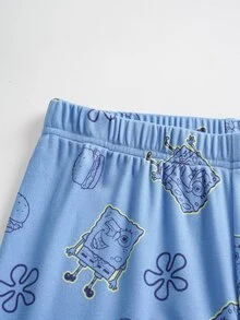 SpongeBob SquarePants | SHEIN 大童男孩卡通印花短袖上衣與長褲休閒日常居家睡衣套裝 - 藍色 - 查看 6