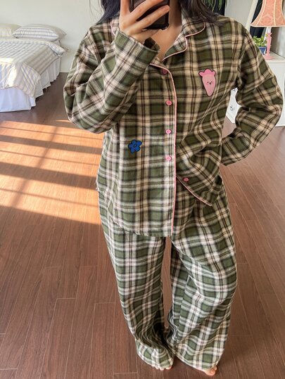 Dazy Plus Fashion Plaid Cartoon Print Loose Long Sleeve Top & Pants 2pcs Set Loungewear Pajama Outfit