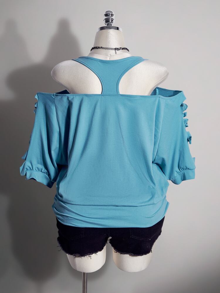 SHEIN ICON Kaos Kasual Harian Wanita Plus Size dengan Grafis Huruf & Tengkorak - Biru - View 2