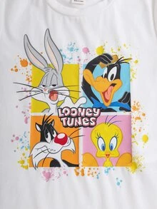 LOONEY TUNES X SHEIN Young Girl Cartoon Print Round Neck Short Sleeve T-Shirt - White - View 3