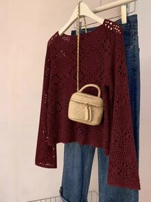 SHEIN CURVE+ Pullover Ukuran Besar Motif Bunga Berlubang dengan Lengan Kelelawar, Pullover Rajut Hijau, Musim Gugur dan Dingin 2026 22W - Burgundy - View 6