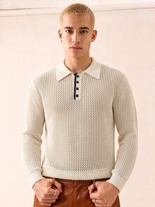 TONEVAULT European Old Money Style Hollow Out Long Sleeve Knit Polo Shirt Men Contrast Color Collar Waffle Mesh Casual Solid Color Top Autumn Summer - Apricot - View 3