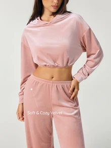 SHAPORA Women's Autumn/Winter Fashion Pink Velvet Fabric Short Sweatshirt & Straight Leg Pants Loungewear 2pcs Set - Pink - View 5