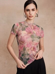 Anewsta Essential Spring Summer New Elegant Fashion Casual Outdoor Professional Holiday Date Vacation Print Elastic Mesh Women Blouse - Pink - View 6