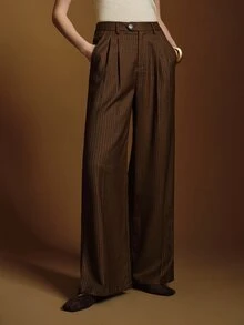 Anewsta Essential Women's Modern Retro Striped Loose Wide Leg Pants, Relaxed Drape Old Money Style Straight Leg Slimming Commute Versatile Casual Long Trousers - Coffee Brown - View 6