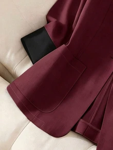 Franclia 女款夏季對比色翻領休閒通勤 3/4 袖輕量西裝外套 - 酒紅色 - 查看 4