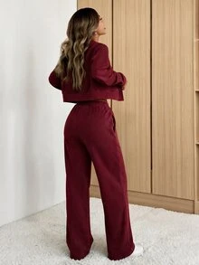 SHEIN EZwear 女款純色單排扣長袖夾克與腰帶褲兩件套 - 酒紅色 - 查看 2