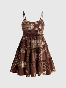 ROMWE Autumn/Winter Hippie Brown Paisley A-Line Spaghetti Strap Women's Short Dress - Brown - View 1