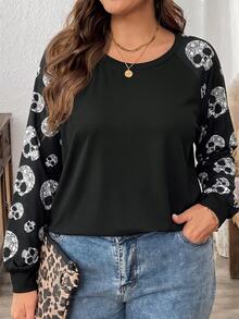 Comfylo 秋冬新款教師節感恩節萬聖節骷髏圖案印花大尺碼女款休閒落肩袖圓領寬鬆版型T恤，適合春秋穿著 - 黑色 - 查看 3