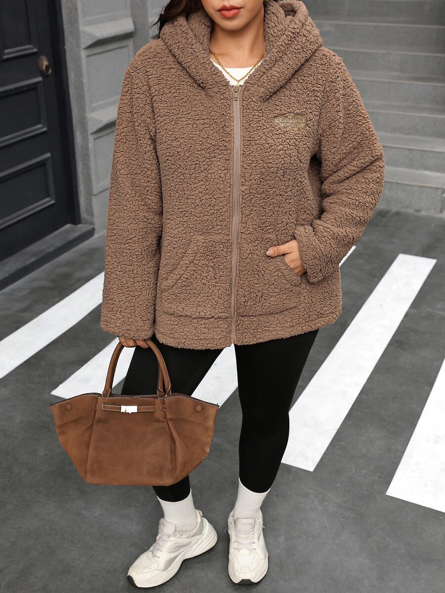 SHEIN Clasi Jaket Lengan Panjang Kasual Serbaguna Wanita Ukuran Besar Warna Polos dengan Resleting - Khaki - View 1