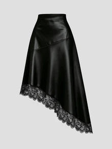 SHEIN PETITE Women's Black Elegant Casual Minimalist Commute Asymmetrical Hem Lace Trim Patchwork Skirt - Black - View 1