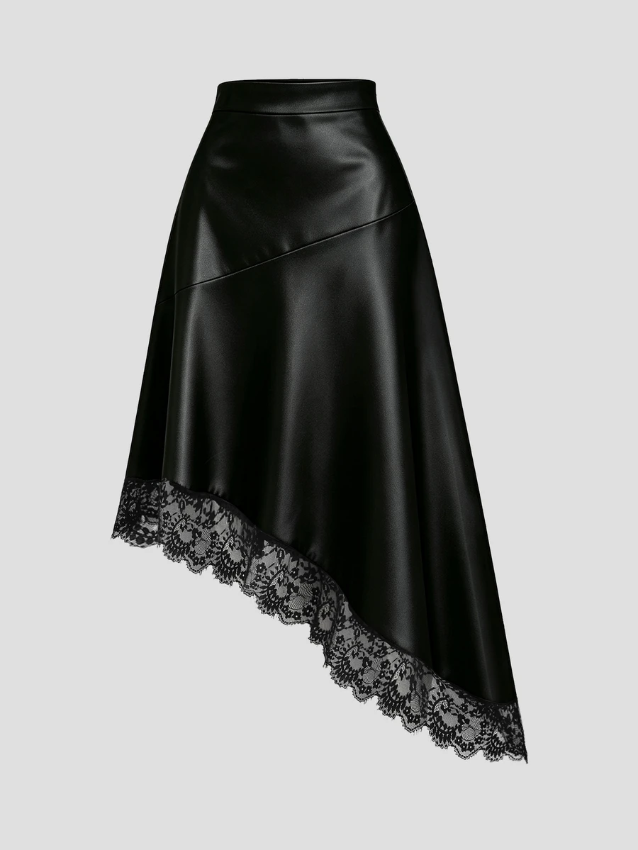 SHEIN PETITE Women's Black Elegant Casual Minimalist Commute Asymmetrical Hem Lace Trim Patchwork Skirt - Black - View 1
