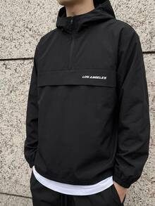 SHEIN 青少年男孩休閒黑色連帽開襟外套，小字母印花設計，適合秋冬返校季穿著 - 黑色 - 查看 7