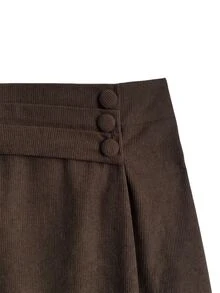GlowEve CURVE Plus Size Women's Autumn/Winter Fashion Casual Daily All-Match Versatile Waist Knot Button Brown Ribbed Skirt - Brown - View 3